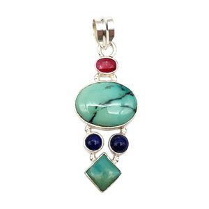 Turquoise Lapis Lazuli Pendant Sterling Silver 2 inches